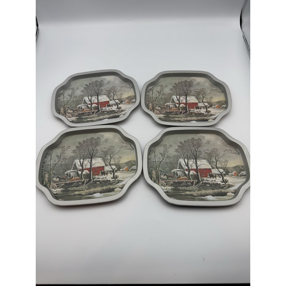 VTG Currier and Ives Snack Tray Metal Tins Set of 4 Winter Barn Cottagecore